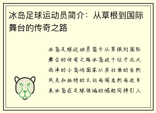 冰岛足球运动员简介：从草根到国际舞台的传奇之路
